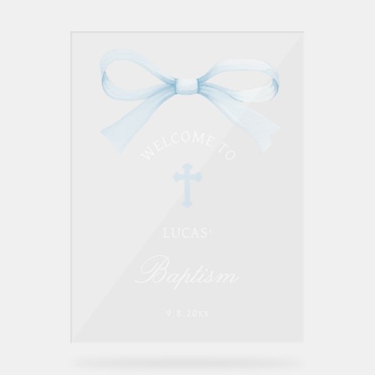 Watercolor Blue Bow Baptism Welcome Acryl Bord (Voorkant)