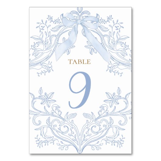 watercolor blue bow elegant table number kaart (Voorkant)