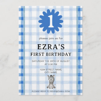Watercolor Blue Check Koala Birthday Invitation