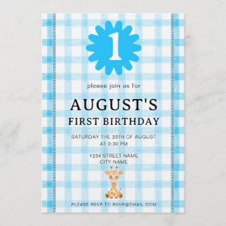 Watercolor Blue Check Koala Birthday Invitation