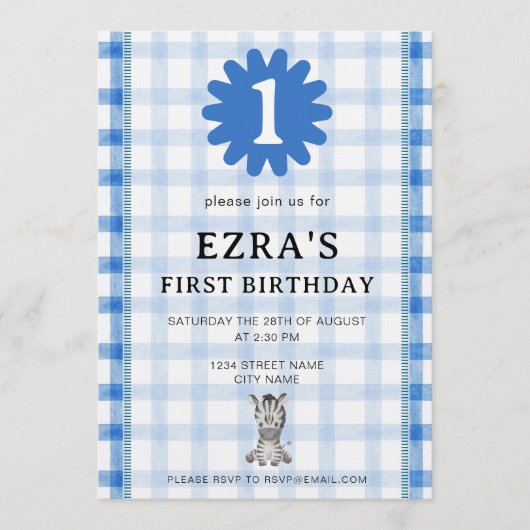 Watercolor Blue Check Koala Birthday Invitation Kaart (Voorkant)