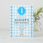 Watercolor Blue Check Koala Birthday Invitation Kaart (Staand voorkant)