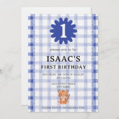 Watercolor Blue Check Tiger Birthday Invitation (Devant / Derrière)