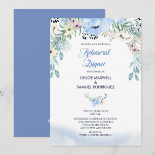 Watercolor Blue Floral Rehearer Dîner Invitation
