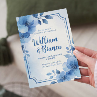 Watercolor Blue Floral Wedding Invitation Kaart