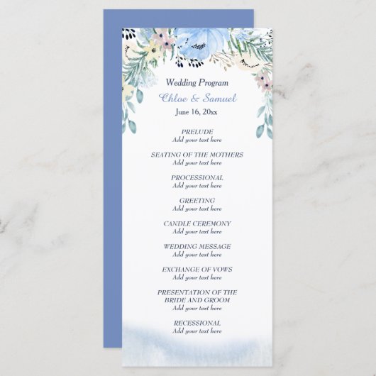 Watercolor Blue Floral Wedding Programme (Devant / Derrière)