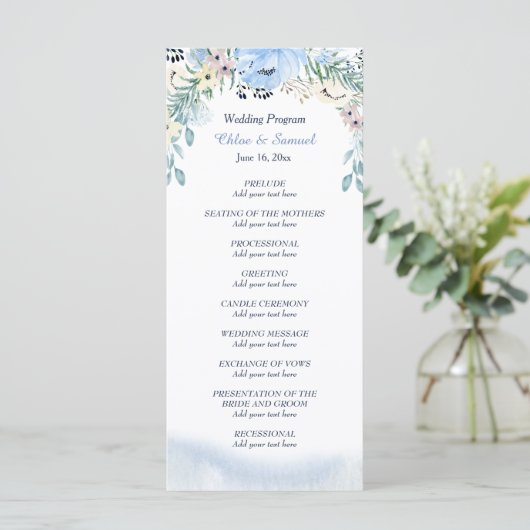 Watercolor Blue Floral Wedding Programme (Debout devant)