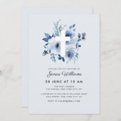 Watercolor blue florals Baptism invitation (Devant / Derrière)