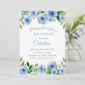 Watercolor Blue Flowers Baby Shower Invitation (Debout devant)