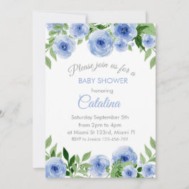 Watercolor Blue Flowers Baby Shower Invitation Kaart