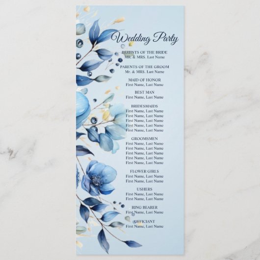 Watercolor Blue Flowers Programme de mariage (Dos)