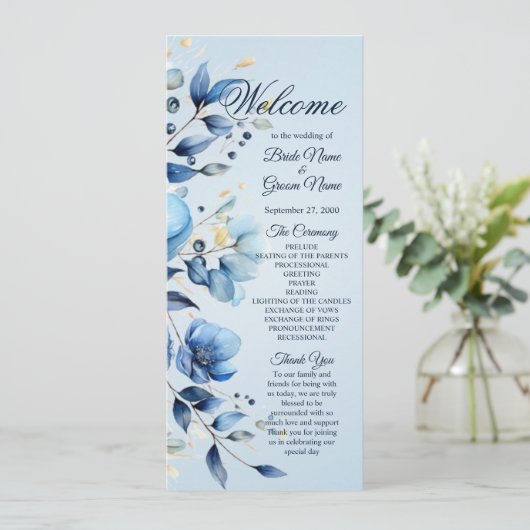 Watercolor Blue Flowers Programme de mariage (Debout devant)