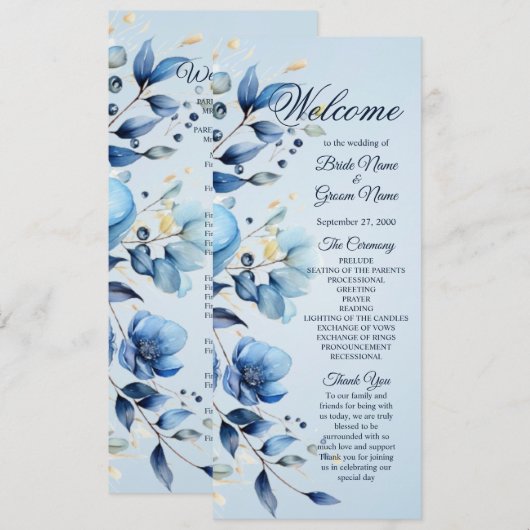 Watercolor Blue Flowers Programme de mariage (Devant / Derrière)