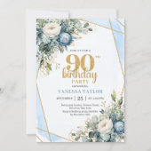 Watercolor Blue Gold Luxe 90th Birthday Invitation (Devant)