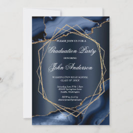 Watercolor Blue Gold Marble Graduation Party Kaart