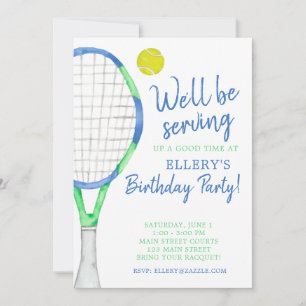 Watercolor Blue & Green Tennis Party Invitations