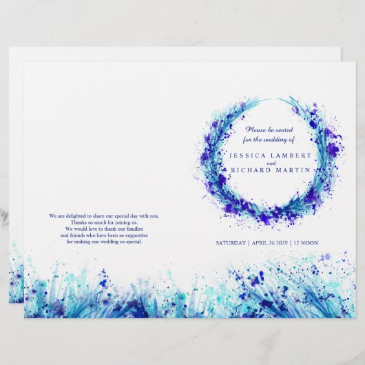 Watercolor blue herbe art programme de mariage (Devant / Derrière)