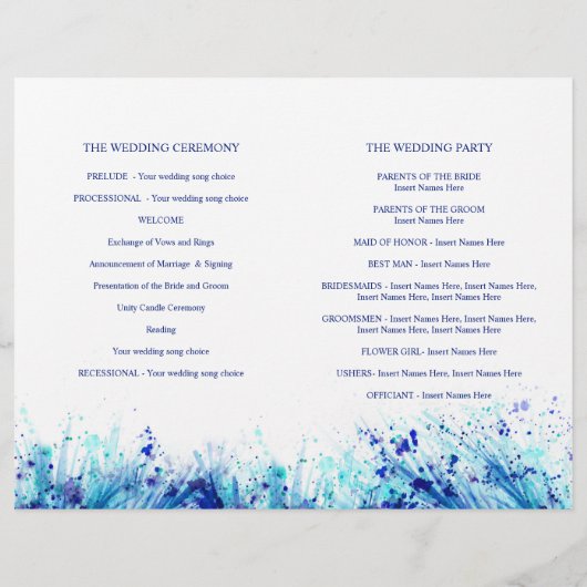 Watercolor blue herbe art programme de mariage (Dos)