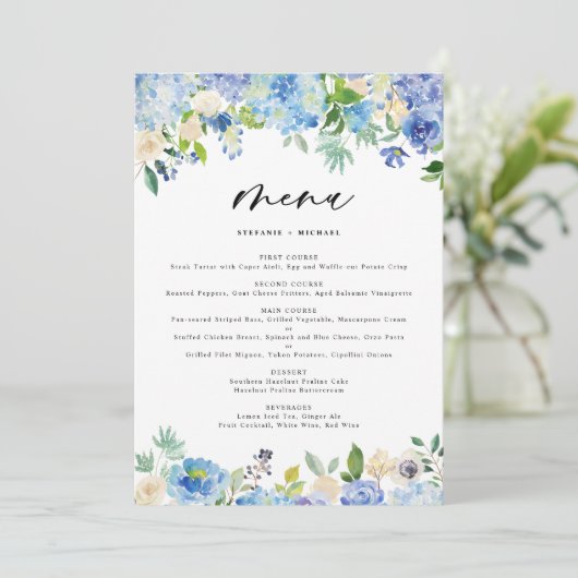 Watercolor Blue Hydrangea Menu Mariage (Debout devant)