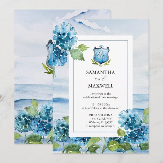 Watercolor Blue Hydrangea Wedding Invitation Kaart (Voorkant / Achterkant)