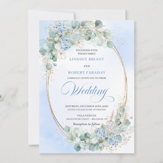 Watercolor Blue Hydrangea Wheat Wedding Invitation (Devant)