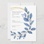 Watercolor Blue Leaves Gold Wedding Invitation (Devant)