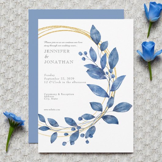 Watercolor Blue Leaves Gold Wedding Invitation