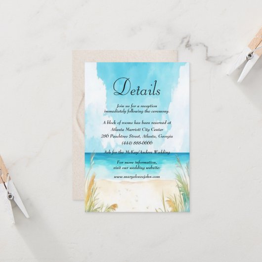 Watercolor Blue Ocean Beach Wedding Details Card (Voorkant / Achterkant in situ)