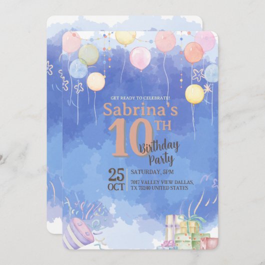 Watercolor Blue Sky Balloon Birthday Invitation (Devant / Derrière)