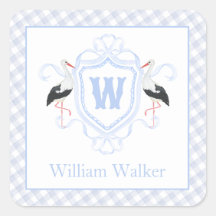 Watercolor Blue Stork Gingham Monogram Crest