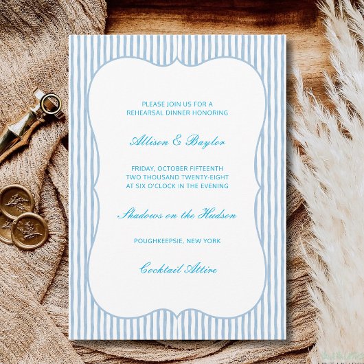 Watercolor Blue Striped Wedding Rehearsal Dinner Kaart