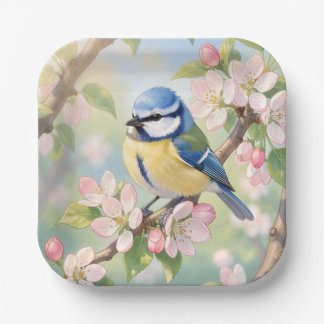 Watercolor Blue Tit Bird on Apple Tree Spring Papieren Bordje