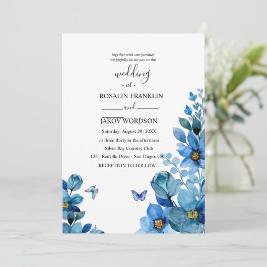 watercolor blue wedding Invitation (Debout devant)