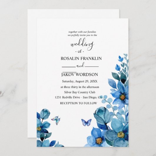 watercolor blue wedding Invitation (Devant / Derrière)
