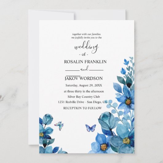 watercolor blue wedding Invitation Kaart (Voorkant)