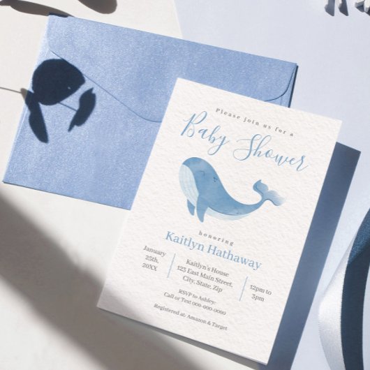 Watercolor Blue Whale Baby shower Invitation