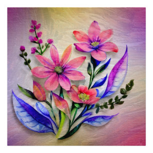 Watercolor Boeket Bloemen, Kleurrijke Achtergrond  Foto Afdruk