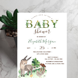 Watercolor Boerderijdieren Ezel Baby Shower Kaart