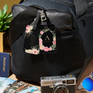 Watercolor Boho Bloem op Zwart Chic Monogram Bagagelabel