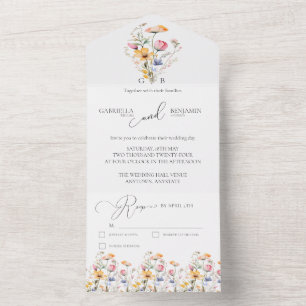 Watercolor Boho Bruiloft met Wilde Bloemenweide All In One Uitnodiging