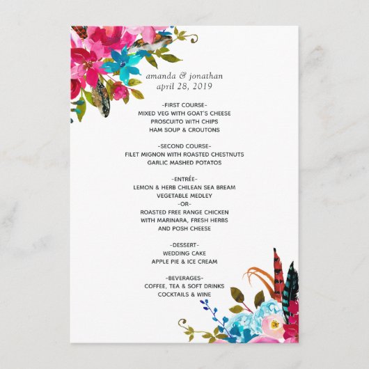 Watercolor Boho Chic Bloemige Bruiloft Menu (Voorkant)