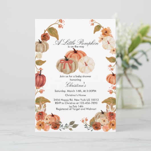 Watercolor Boho Citrouille Babyshower Invitation (Debout devant)
