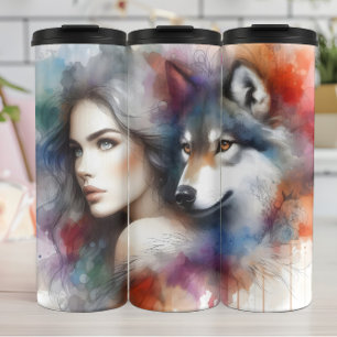 Watercolor Bond: Vrouw en Wolf Thermosbeker