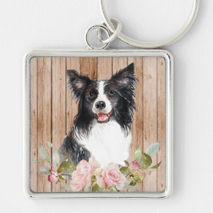 Watercolor Border Collie & Bloemen Sleutelhanger