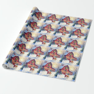 Watercolor Border Collie Landelijke Schuur Kerstmi Cadeaupapier