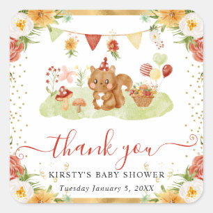 Watercolor Bos Eekhoorn Baby Shower Vierkante Sticker