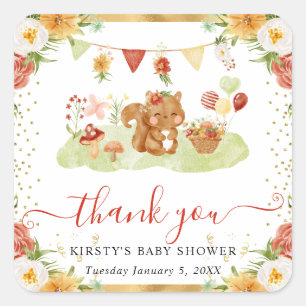 Watercolor Bos Eekhoorn Baby Shower Vierkante Sticker