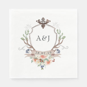 Watercolor Bos Laurels Crest Monogram Bruiloft Servet