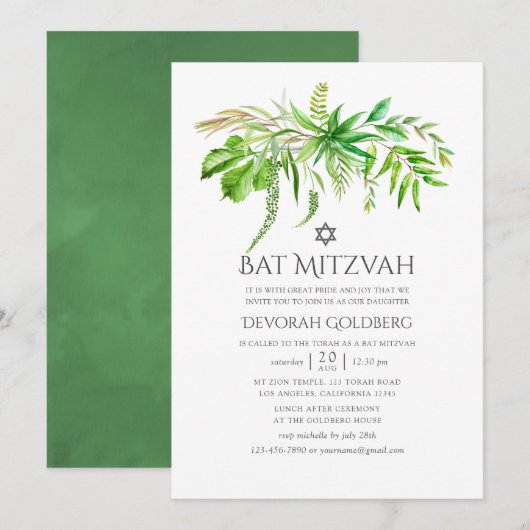 Watercolor bosgroenheid Bat Mitzvah Kaart (Voorkant / Achterkant)