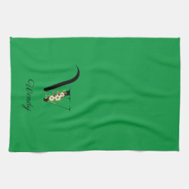 Watercolor botanical green initial monogram theedoek